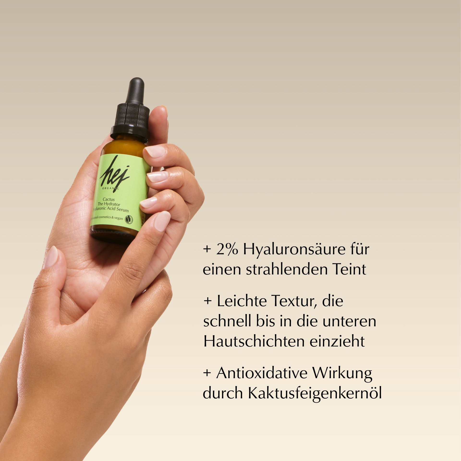 hyaluron serum, Produkt in Hand, HEJ ORGANIC