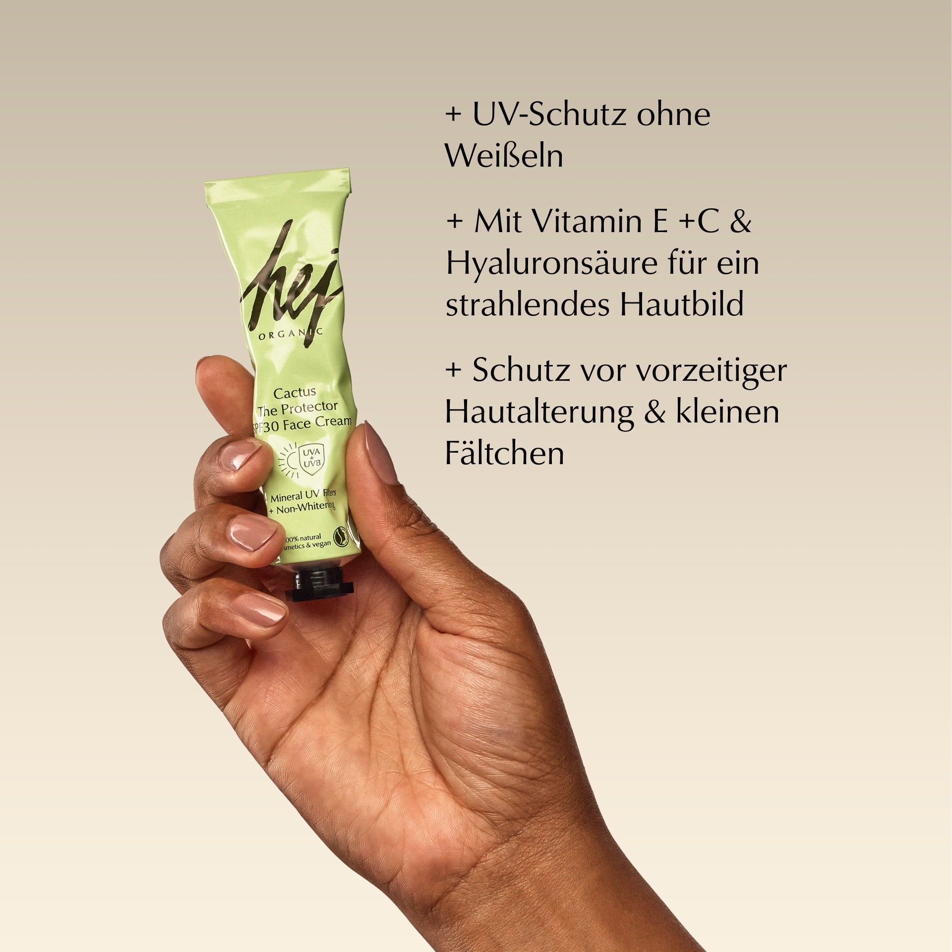 tagescreme lsf 30, Produkt in Hand, HEJ ORGANIC