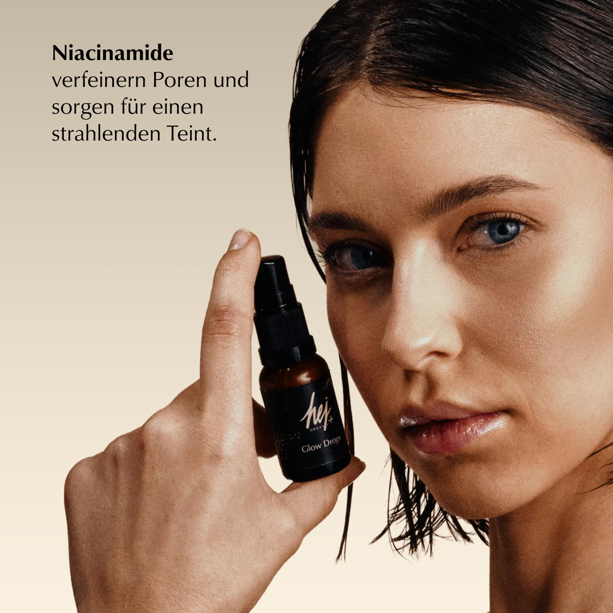 glow drops, Model mit Produkt, HEJ ORGANIC
