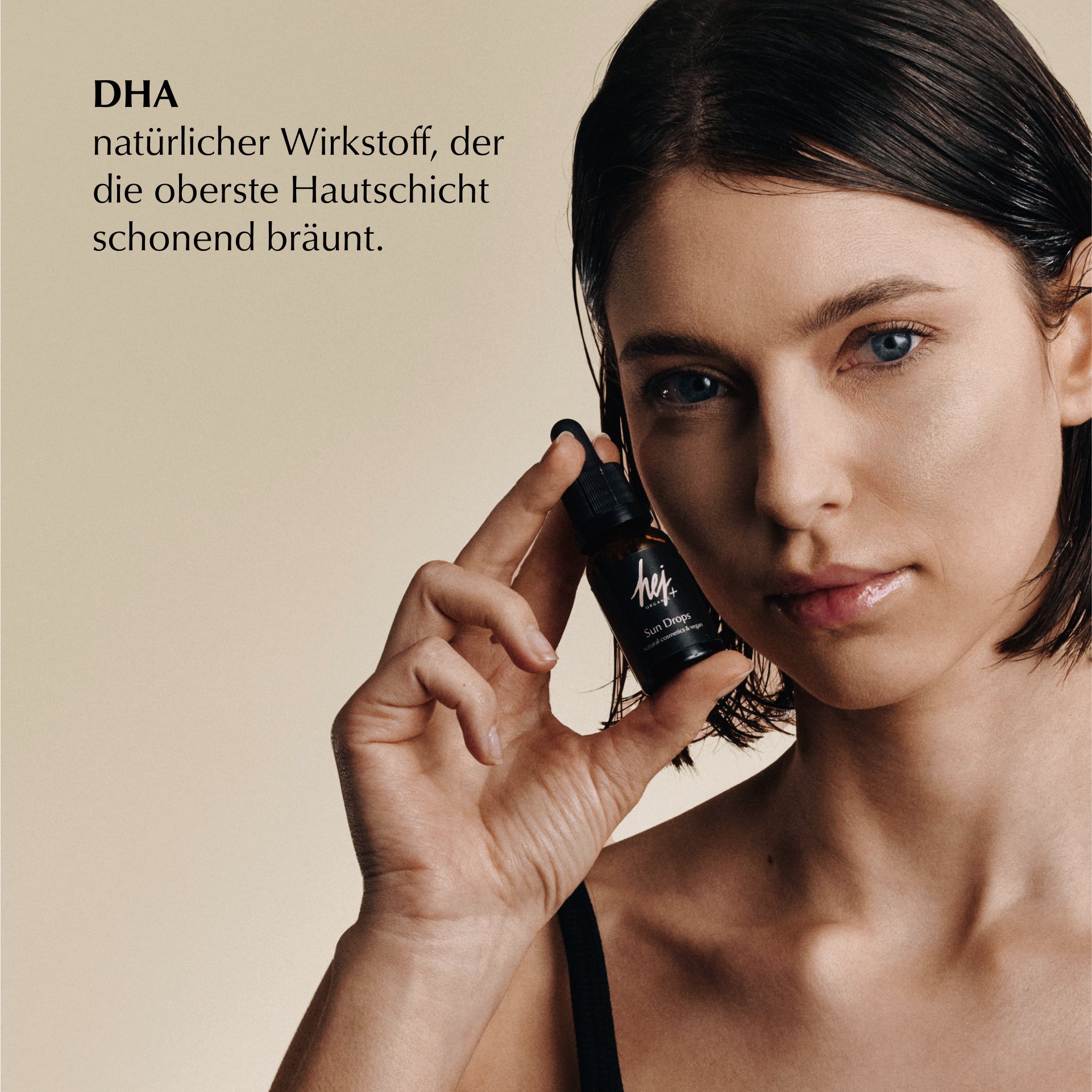 self tan drops, Model mit Produkt, HEJ ORGANIC