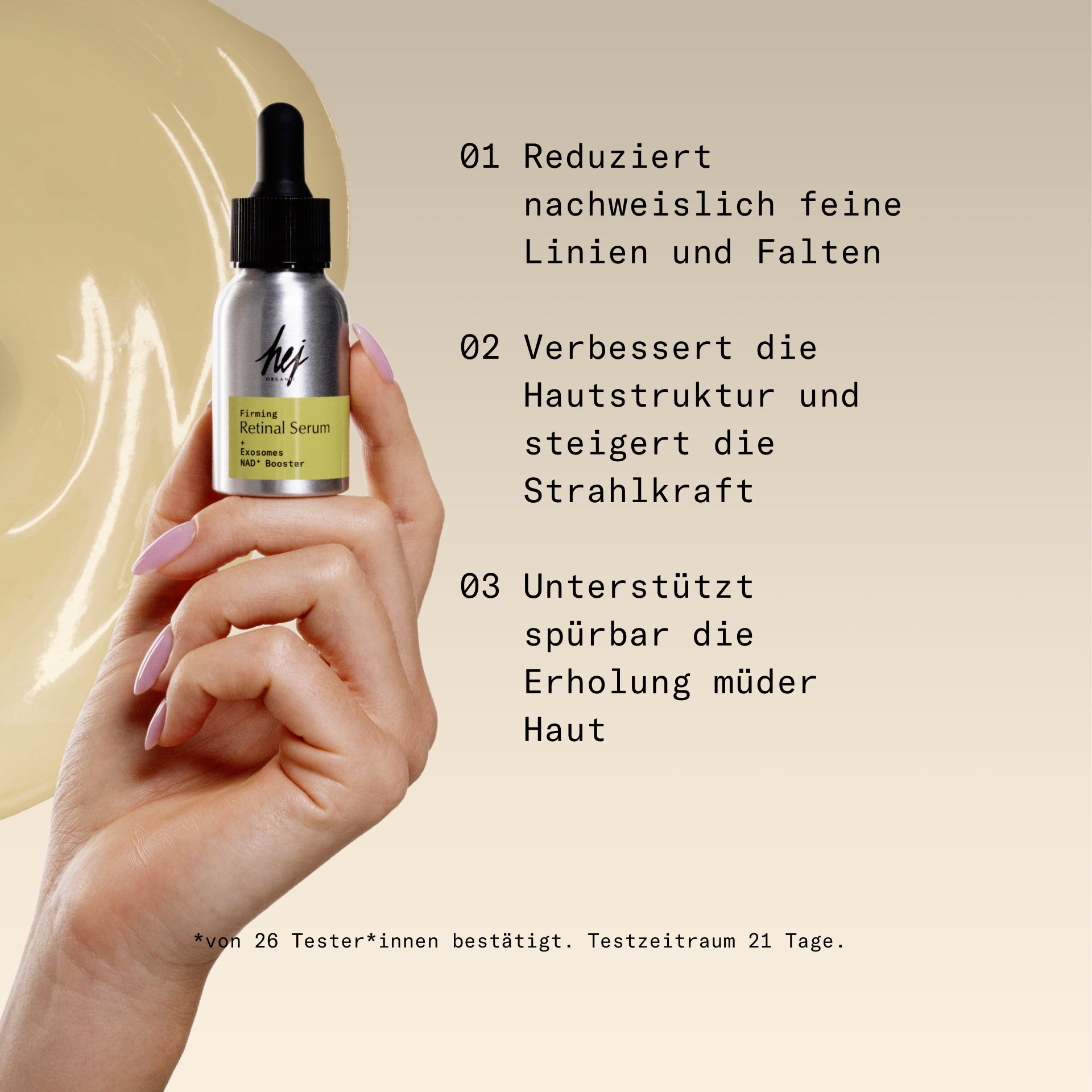 Skin Longevity, Produktbild Retinal Serum mit Textur, HEJ ORGANIC