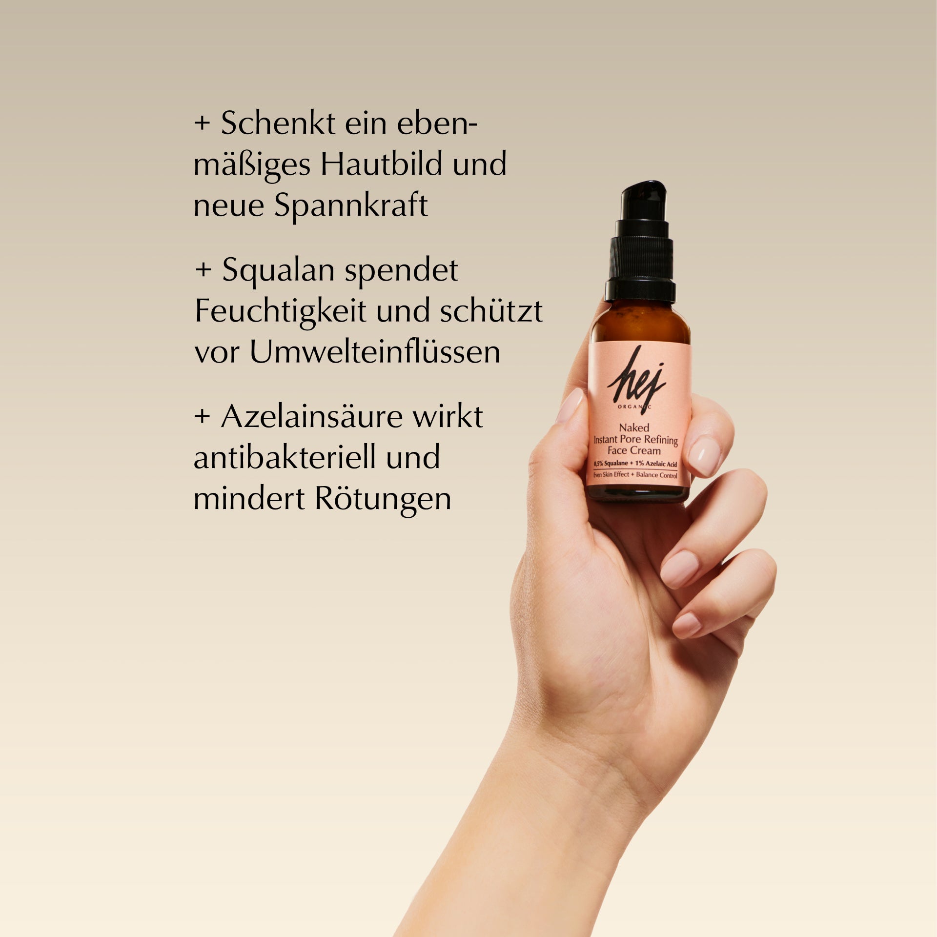 azelainsäure creme, Produkt in Hand, HEJ ORGANIC