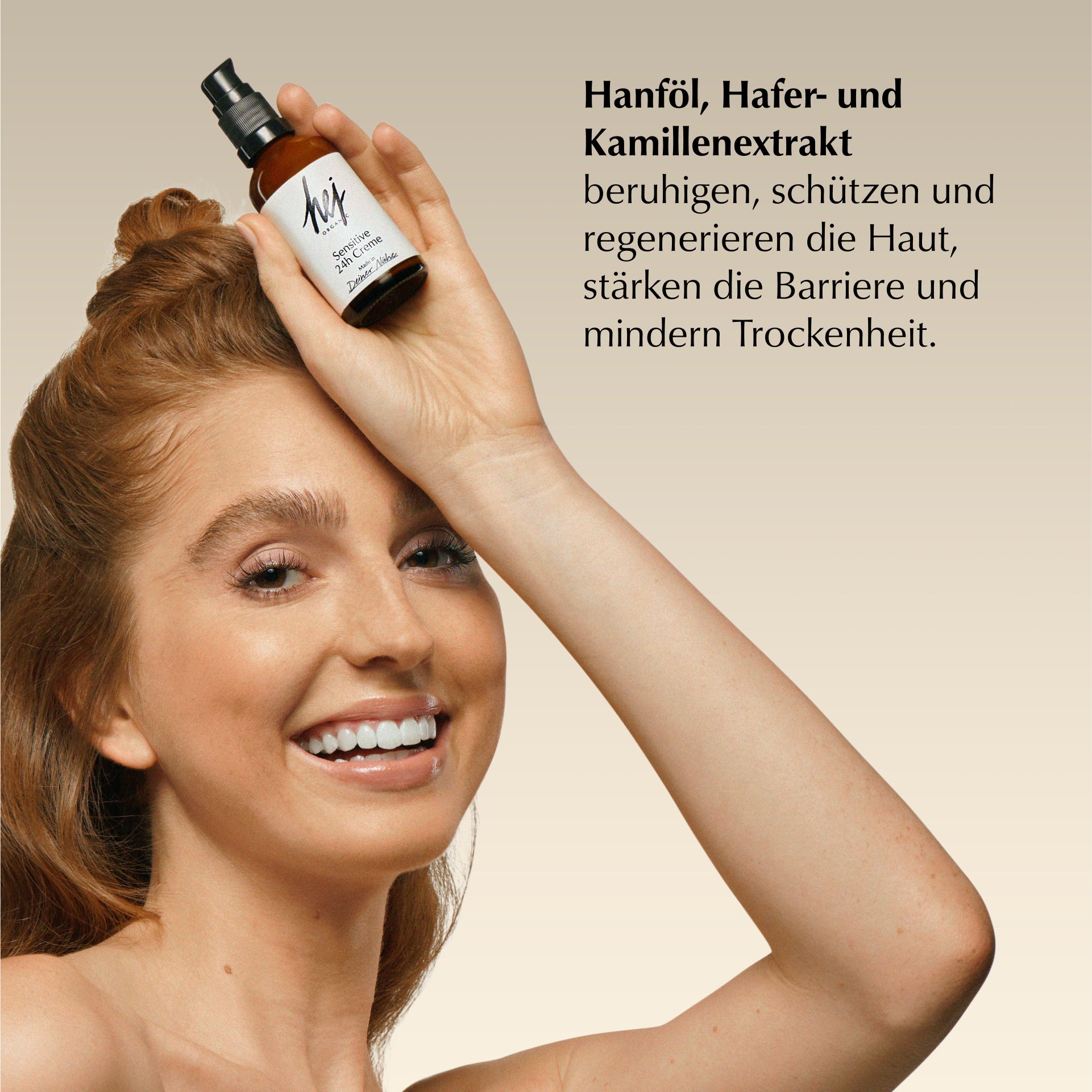 gesichtscreme sensible haut, Model mit Produkt, HEJ ORGANIC