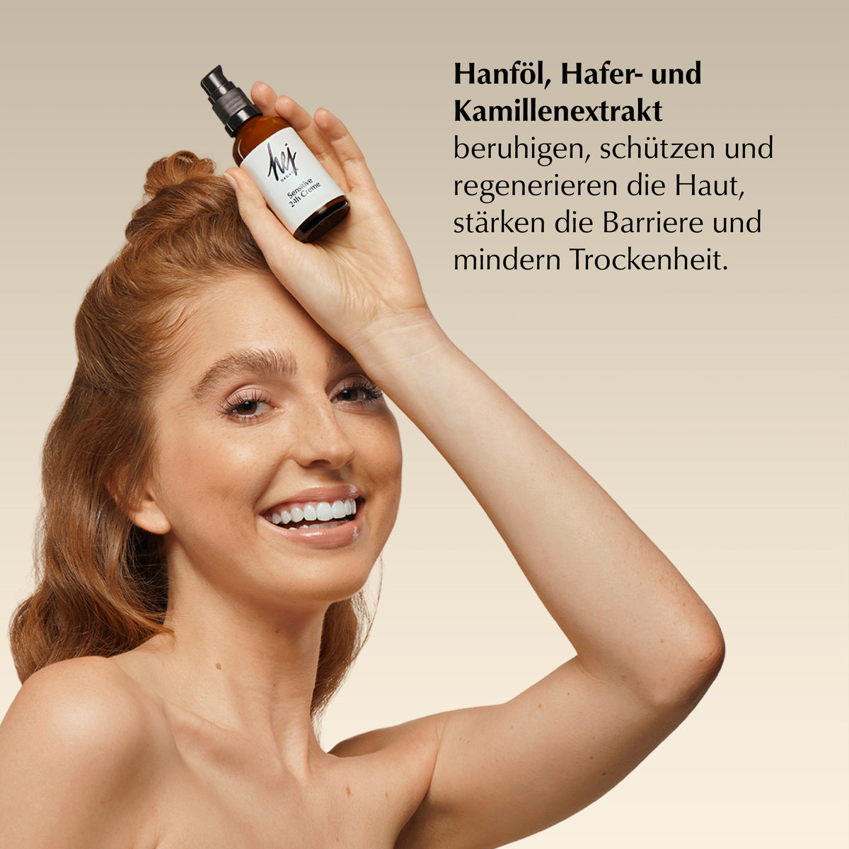 gesichtscreme sensible haut, Model mit Produkt, HEJ ORGANIC