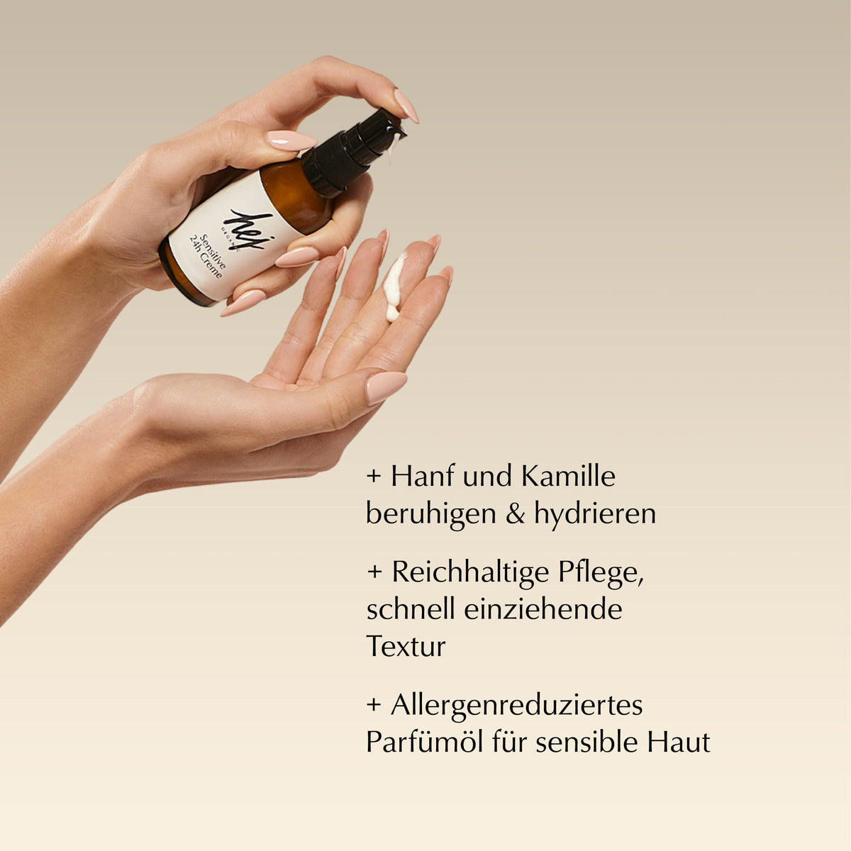 gesichtscreme sensible haut, Produkt in Hand, HEJ ORGANIC