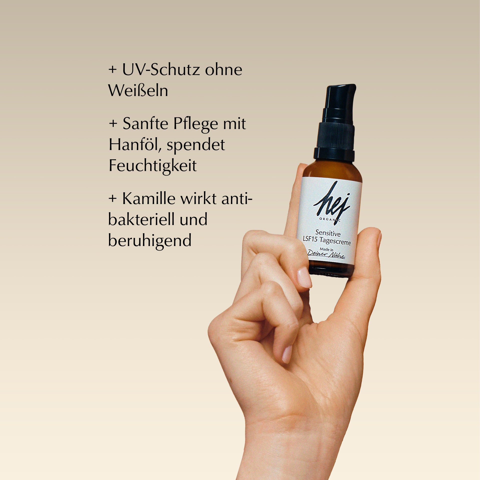 tagescreme mit lsf 15, Produkt in Hand, HEJ ORGANIC