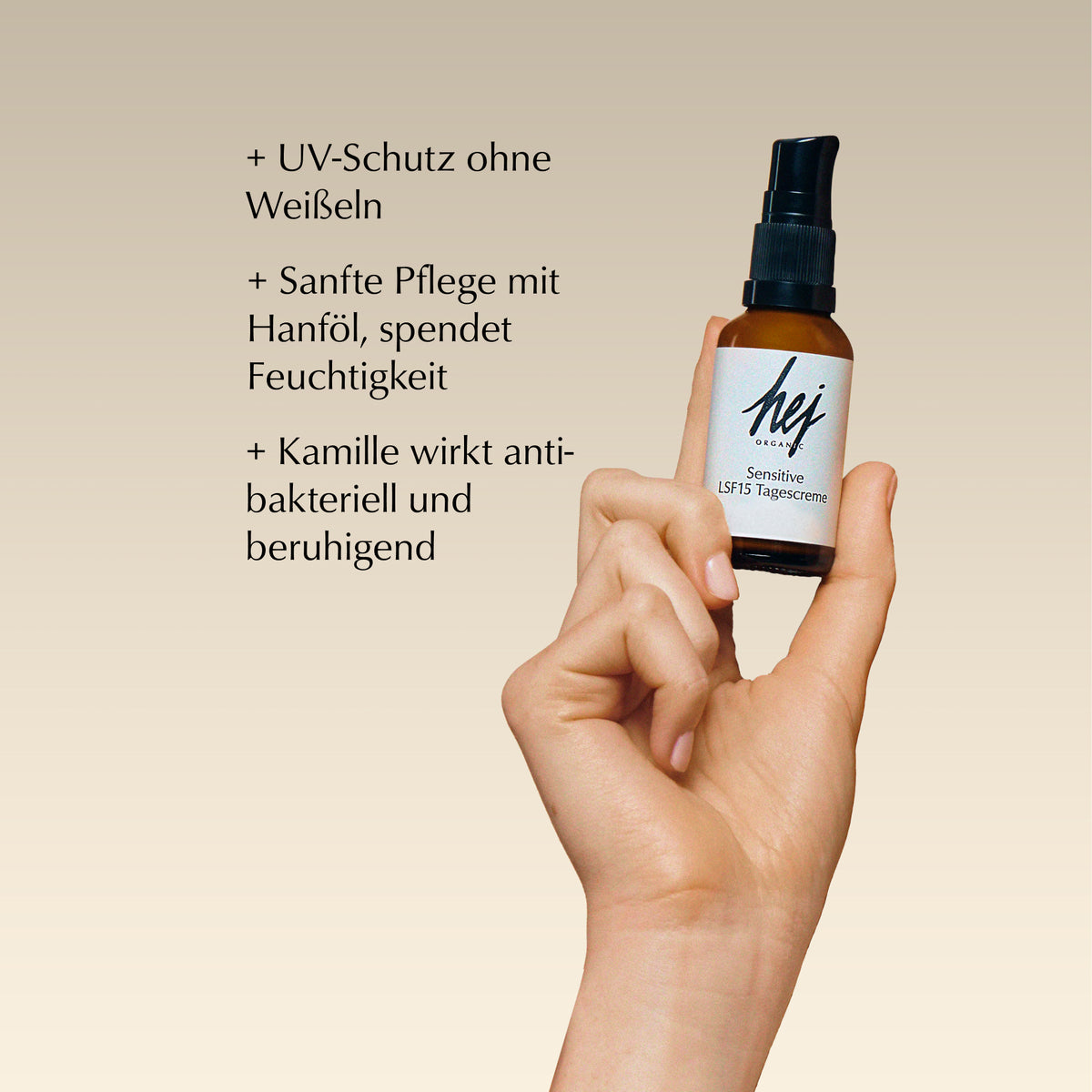 tagescreme mit lsf 15, Produkt in Hand, HEJ ORGANIC