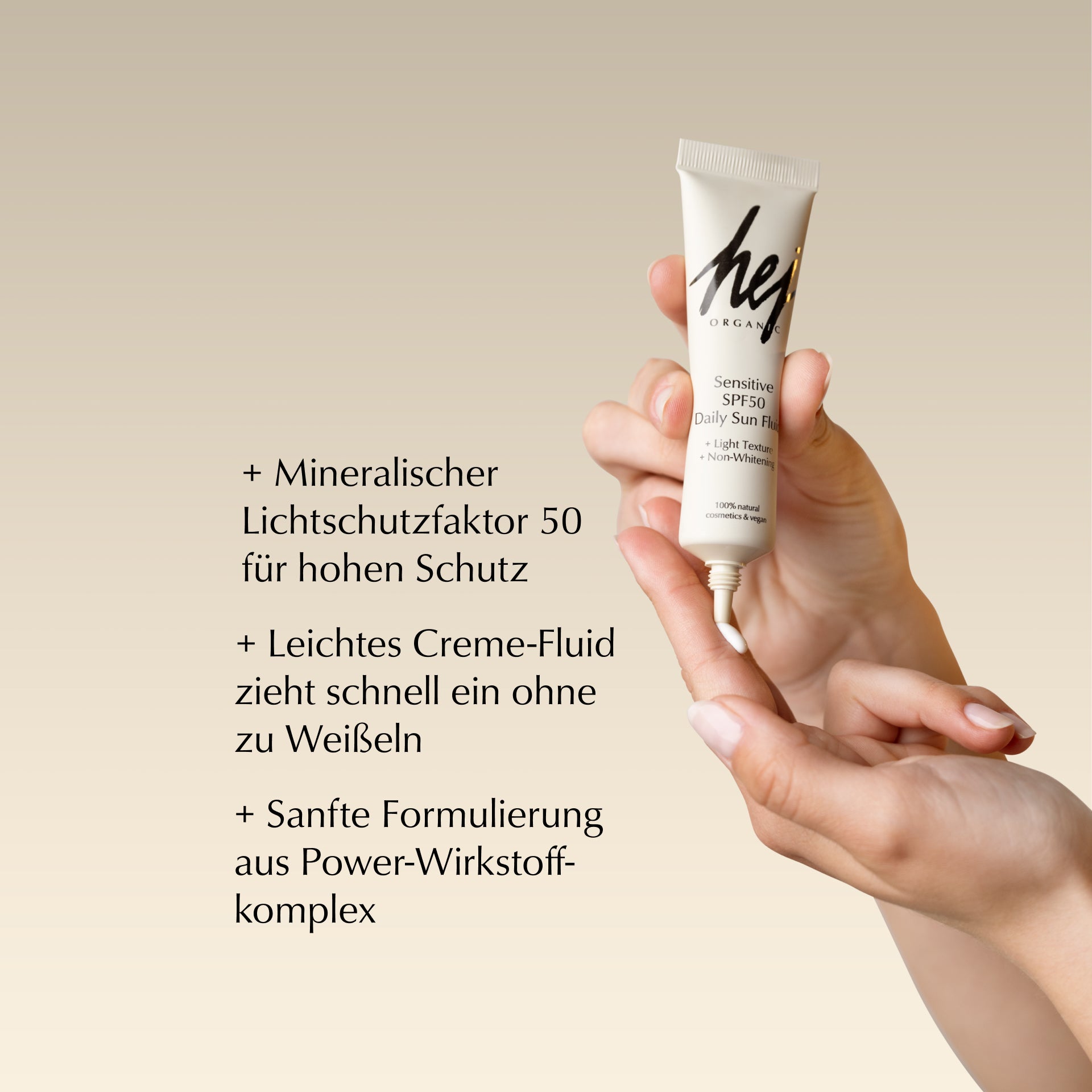 LSF 50 Sonnencreme, Produkt in Hand, HEJ ORGANIC
