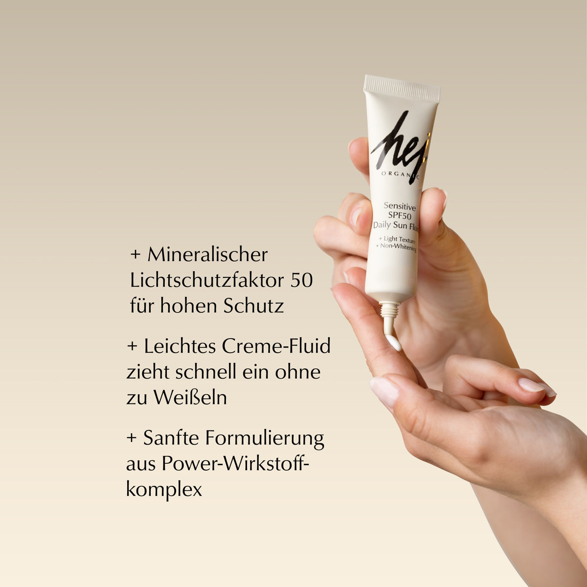 LSF 50 Sonnencreme, Produkt in Hand, HEJ ORGANIC