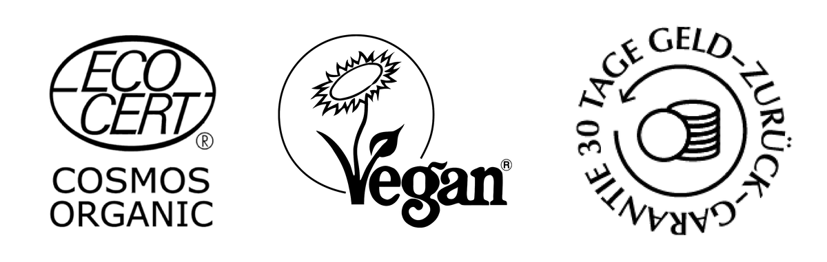 Siegel, ecocert cosmos, vegan, Geld-Zurück-Garantie, HEJ ORGANIC