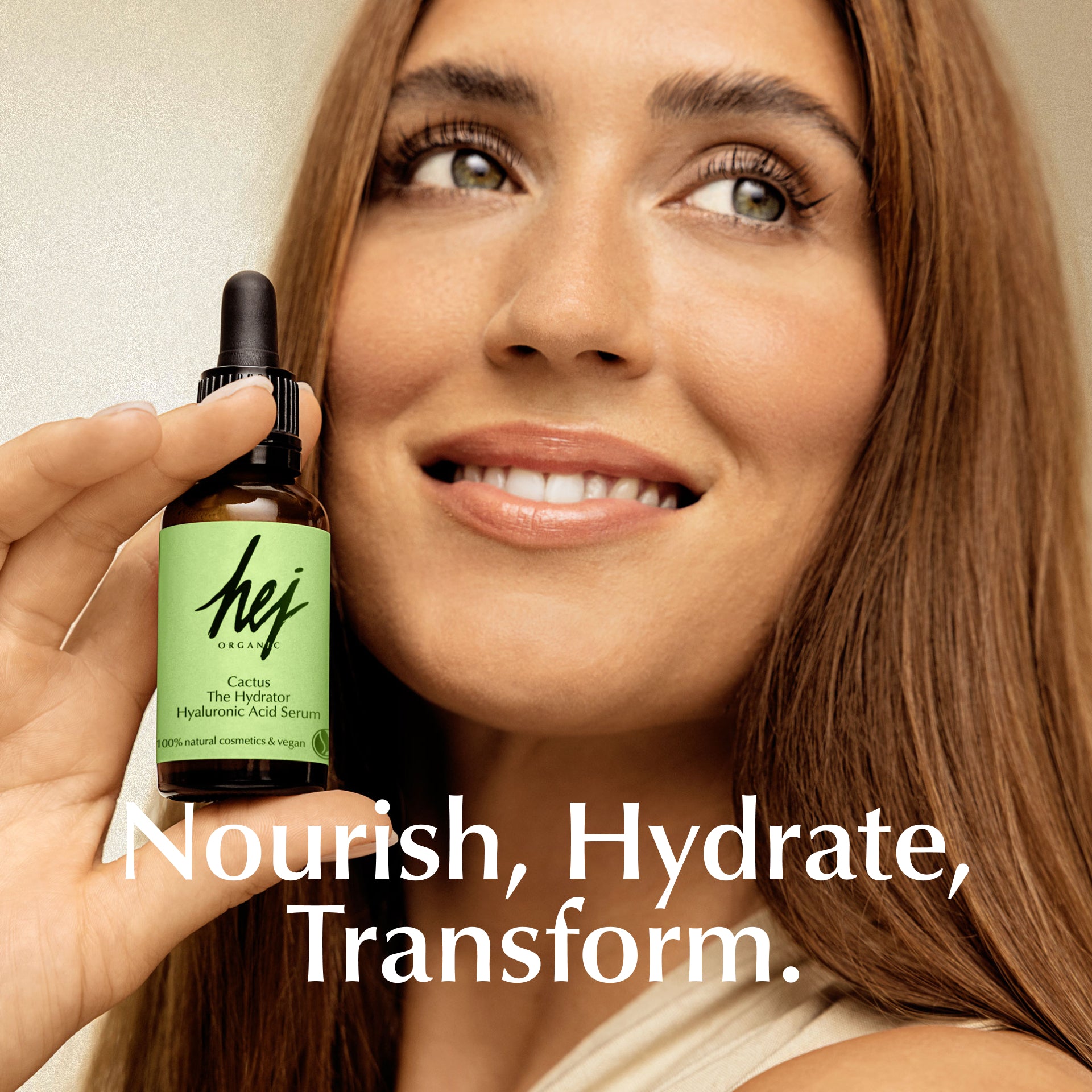 hyaluron serum, Produktbanner mit Model, HEJ ORGANIC