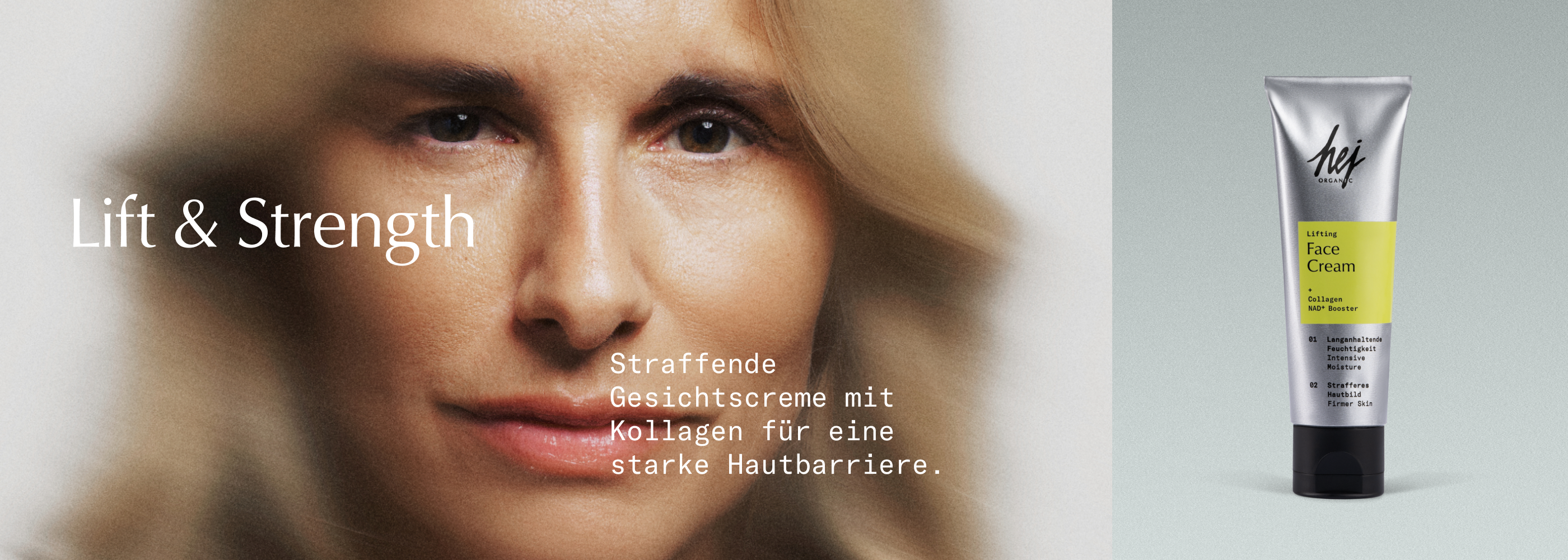 Skin Longevity, Banner Face Cream Produktbild und Model, HEJ ORGANIC