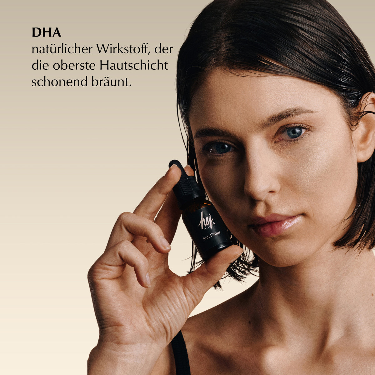 self tan drops, Model mit Produkt, HEJ ORGANIC