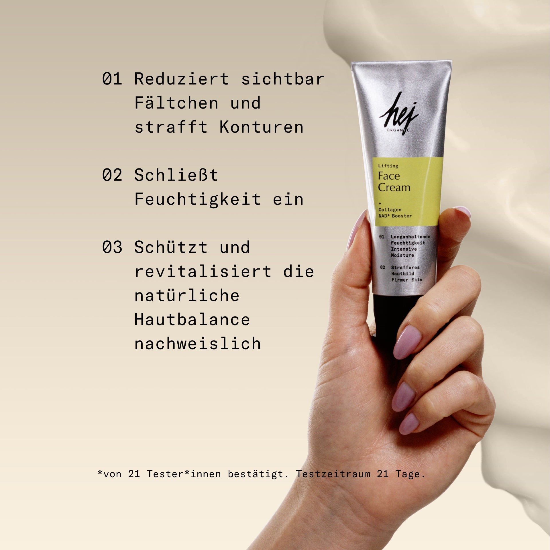 Skin Longevity, Produktbild Lifting Face Cream mit Textur, HEJ ORGANIC