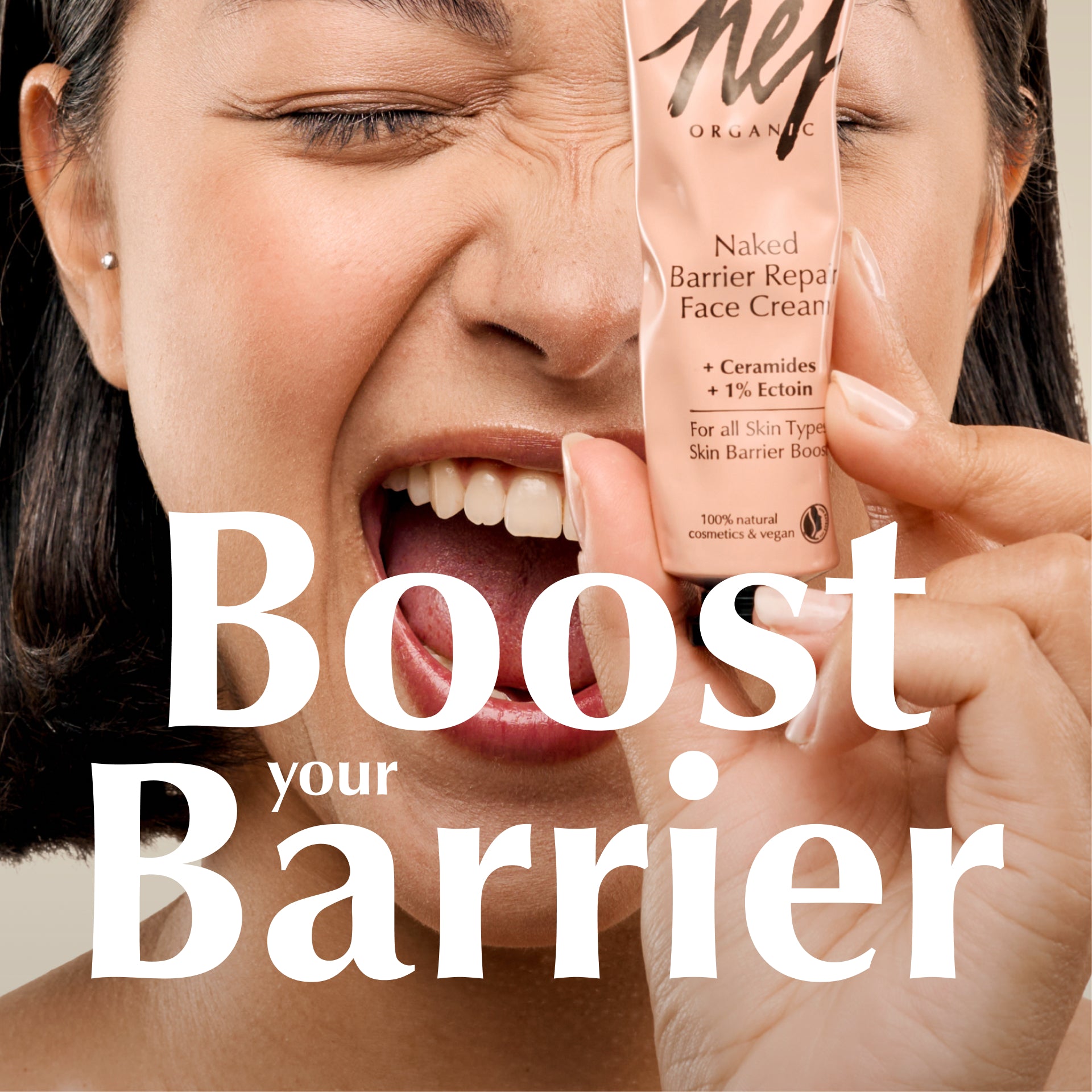 barrier repair cream, Produktbanner mit Model, HEJ ORGANIC