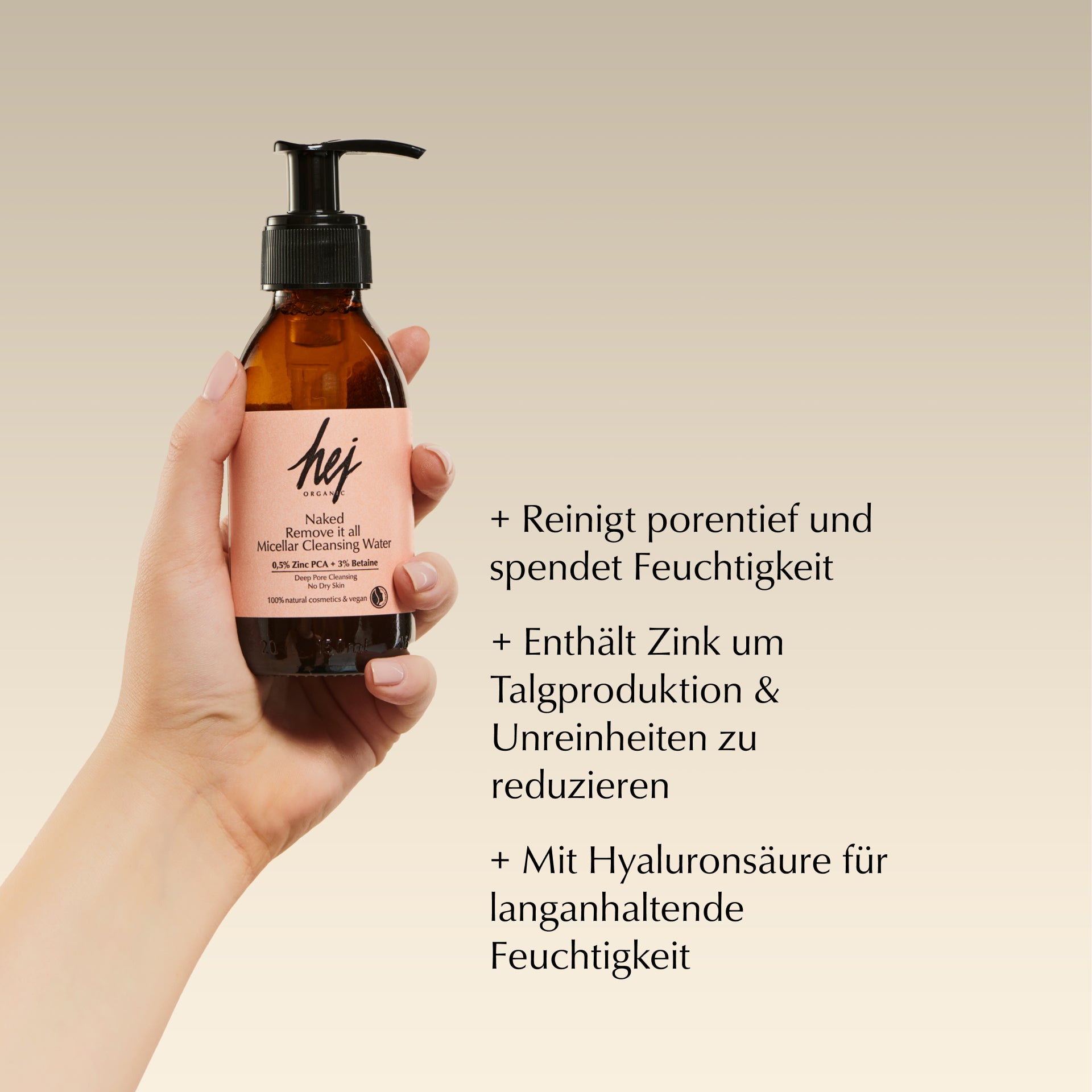 mizellen reinigungswasser, Produkt in Hand, HEJ ORGANIC