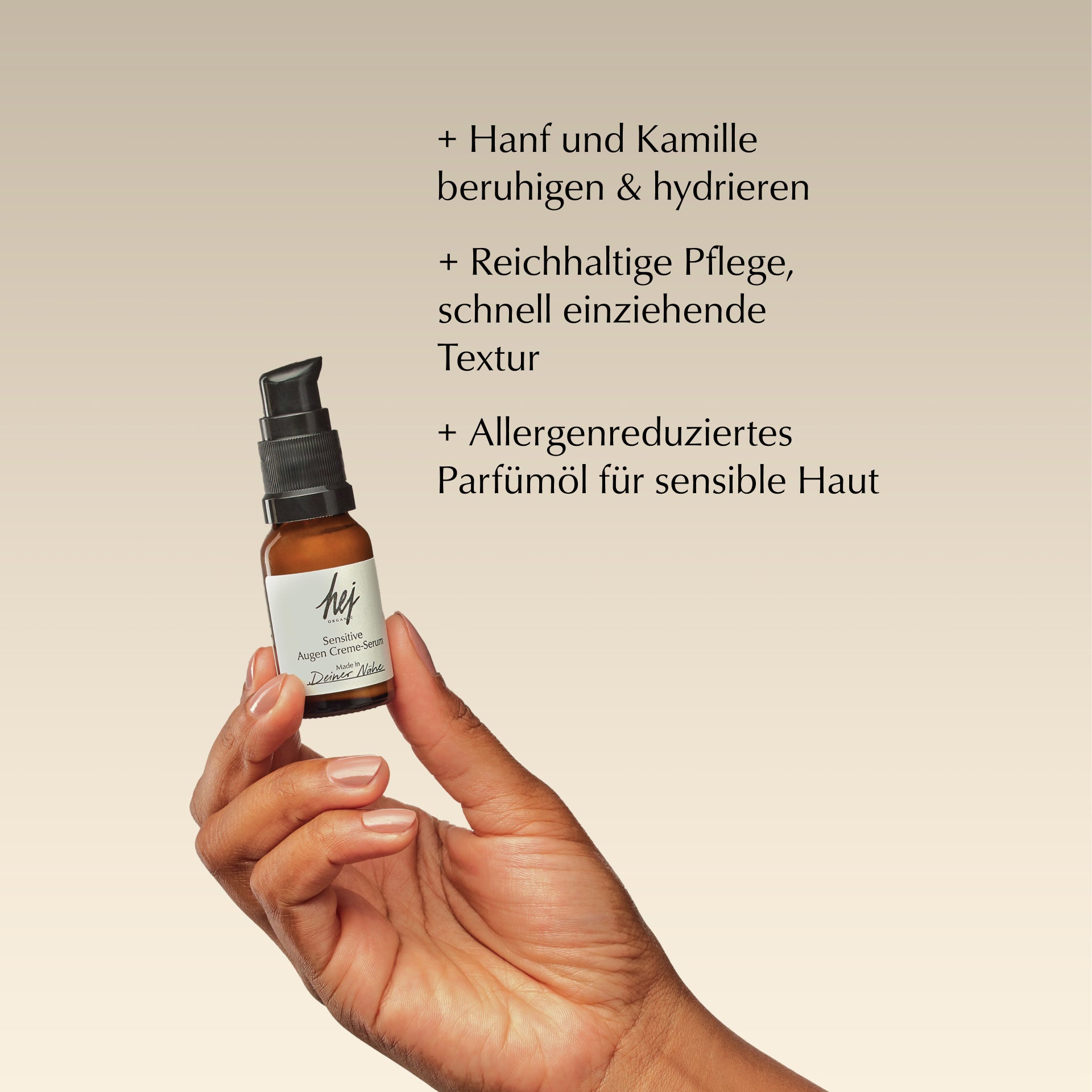 augencreme für empfindliche haut, Produkt in Hand, HEJ ORGANIC
