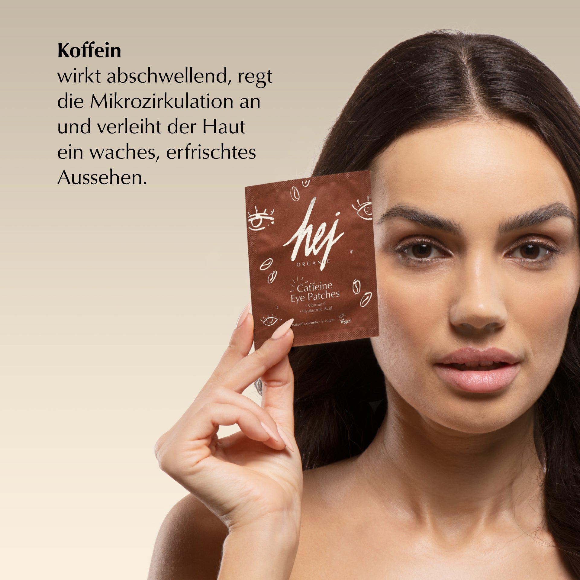 Caffeine Eye Patches, Produkt mit Model, HEJ ORGANIC