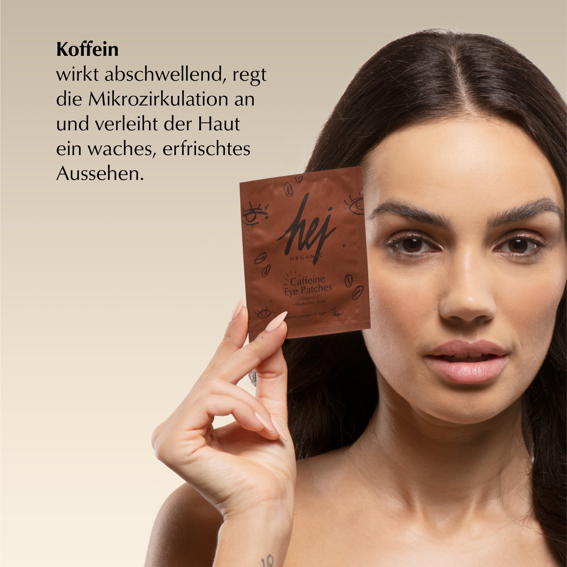 Caffeine Eye Patches, Produkt mit Model, HEJ ORGANIC